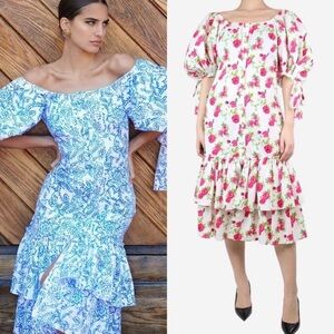 CAROLINE CONSTAS Nella Rosette White and Hot Pink Puff Sleeve Tiered Midi Dress